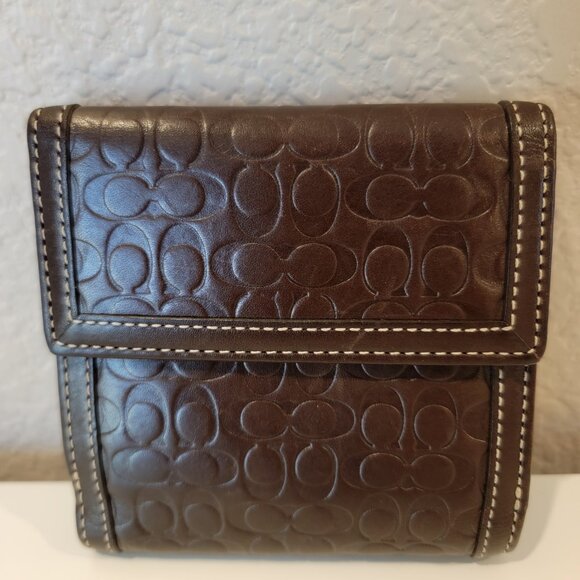 Coach Brown Signature Embossed Leather Trifold Wallet - Picture 7 of 10